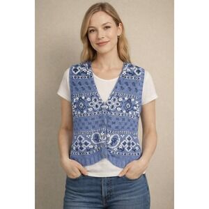 Vintage Eddie Bauer Blue Floral Intarsia Cotton Knit Sweater Vest Womens Medium